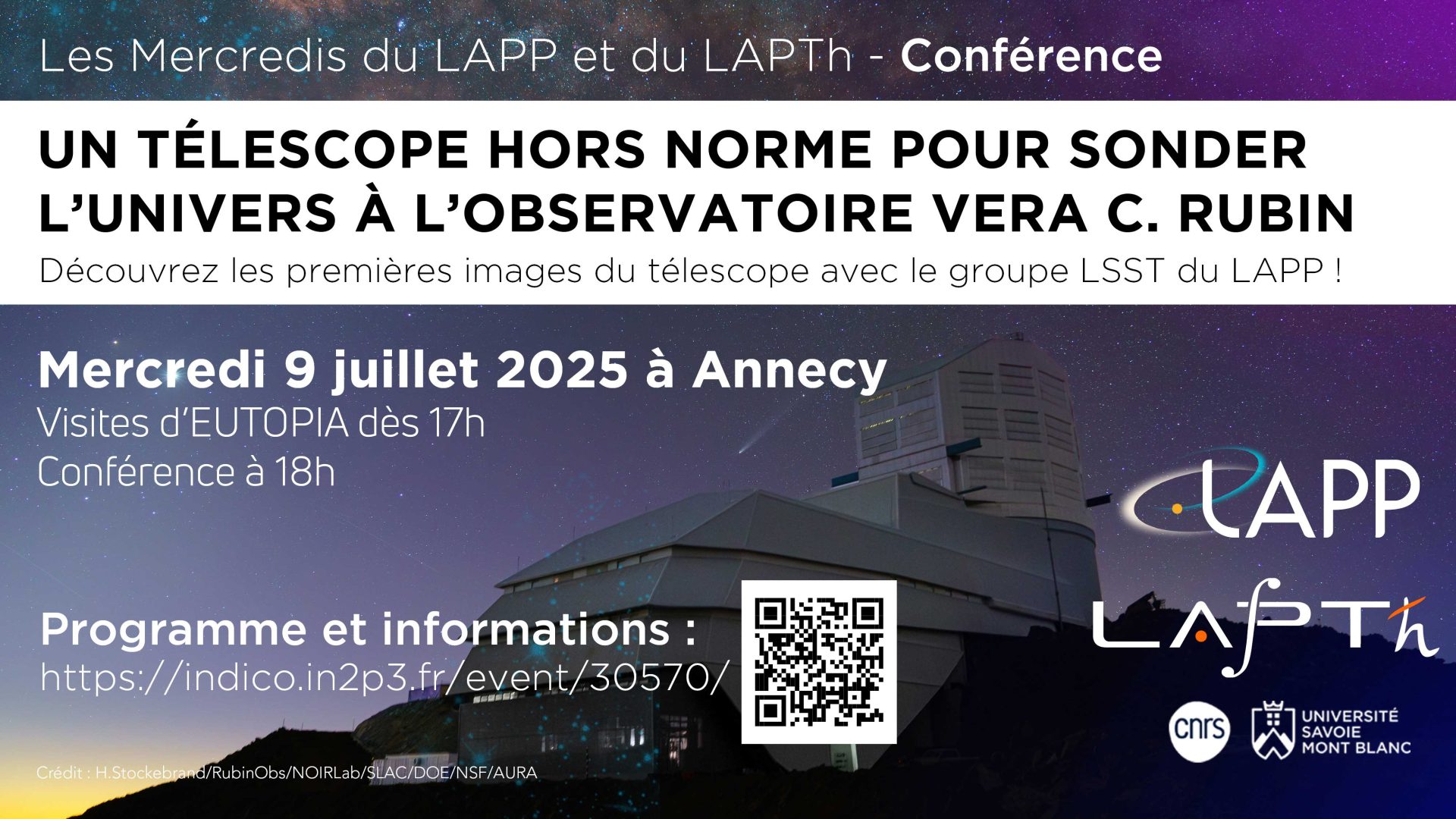 Conférence et visites : Un télescope hors norme pour sonder l’Univers à l’Observatoire Vera C. Rubin