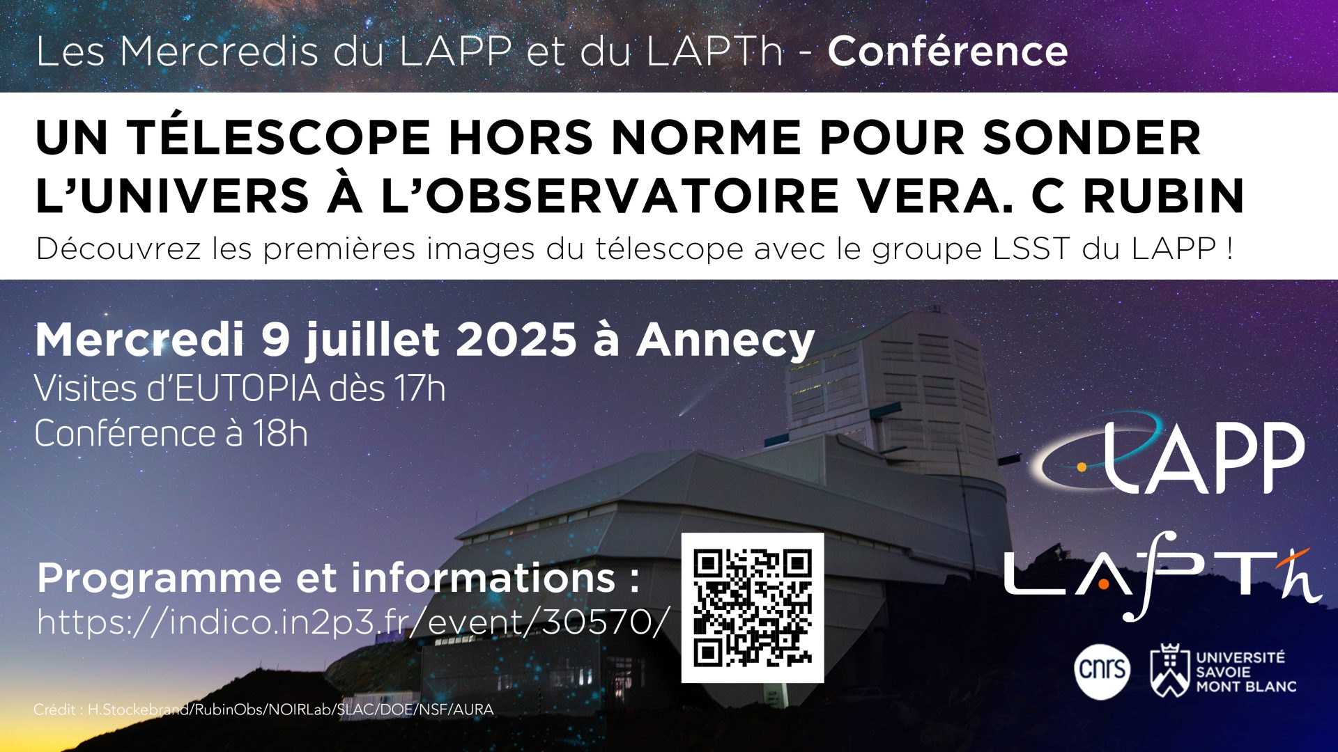 Conférence et visites : Un télescope hors-norme pour sonder l’Univers à l’Observatoire Vera. C. Rubin