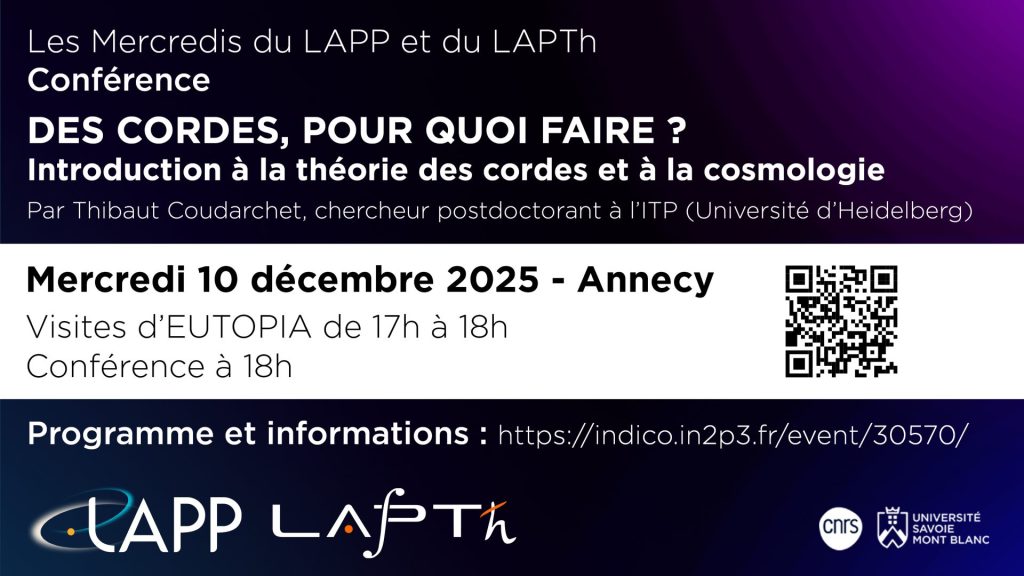 Affiche mentionnant le titre et les dates de la conférence "Des cordes, pour quoi faire ? Introduction à la théorie des cordes et à la cosmologie"