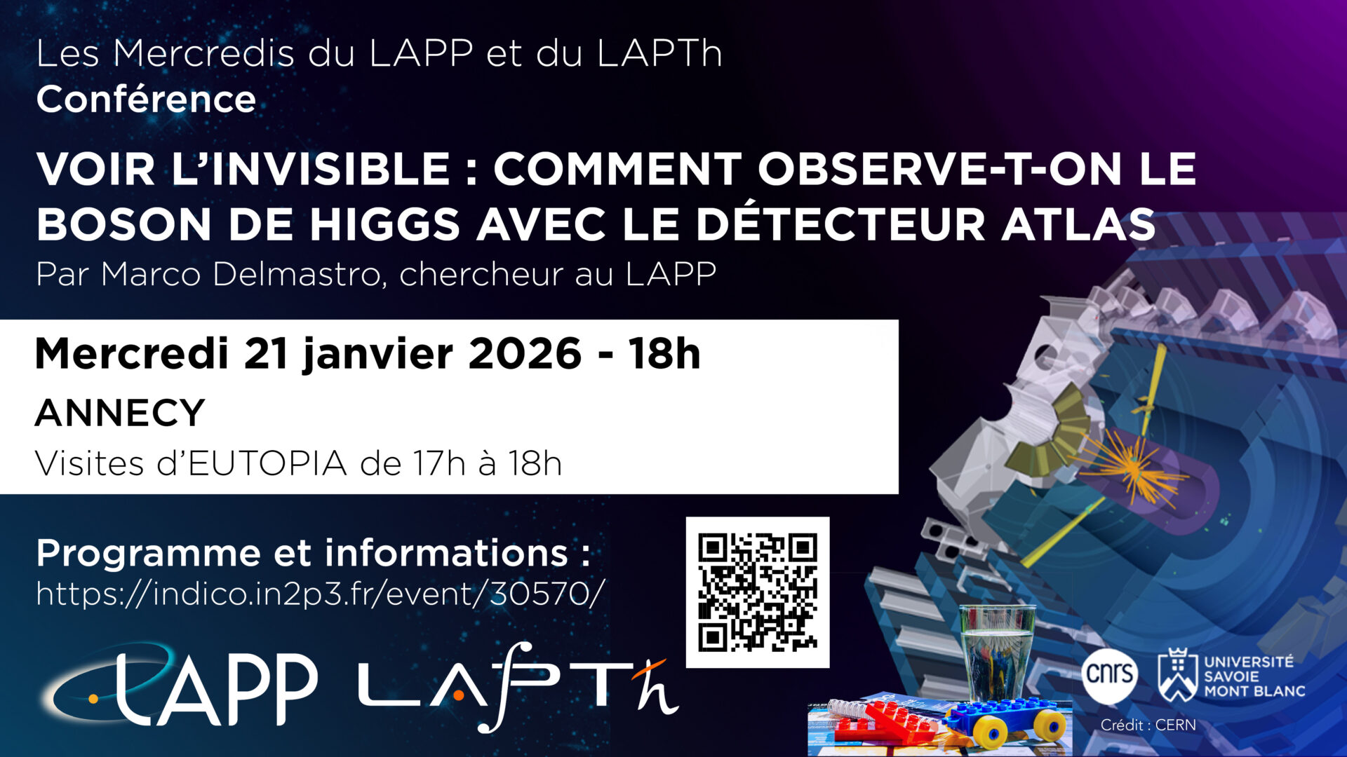 Conférence et visites : « Voir l’invisible : comment observe-t-on le boson de Higgs avec le détecteur ATLAS » et visites d&rsquo;EUTOPIA