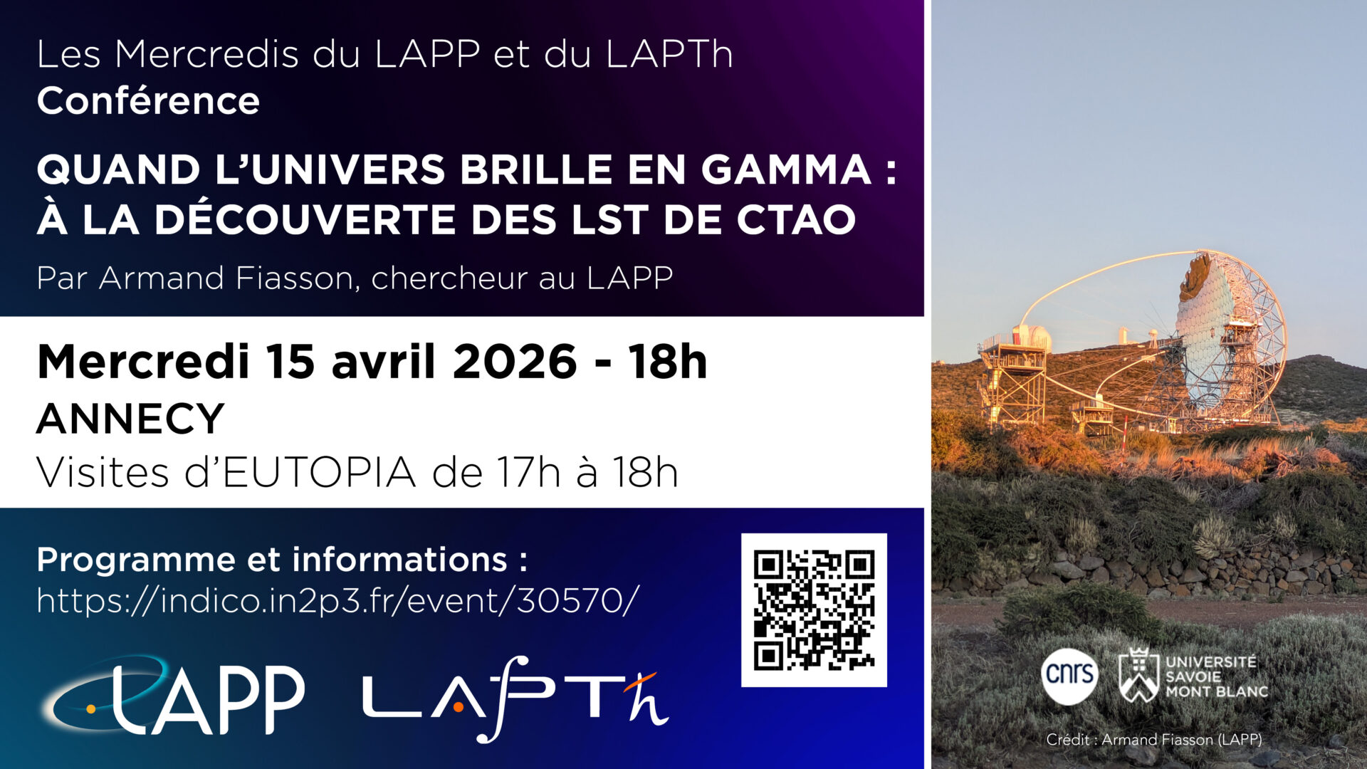 Conférence et visites : « Quand l’Univers brille en gamma : à la découverte des LST de CTAO » et visites d&rsquo;EUTOPIA